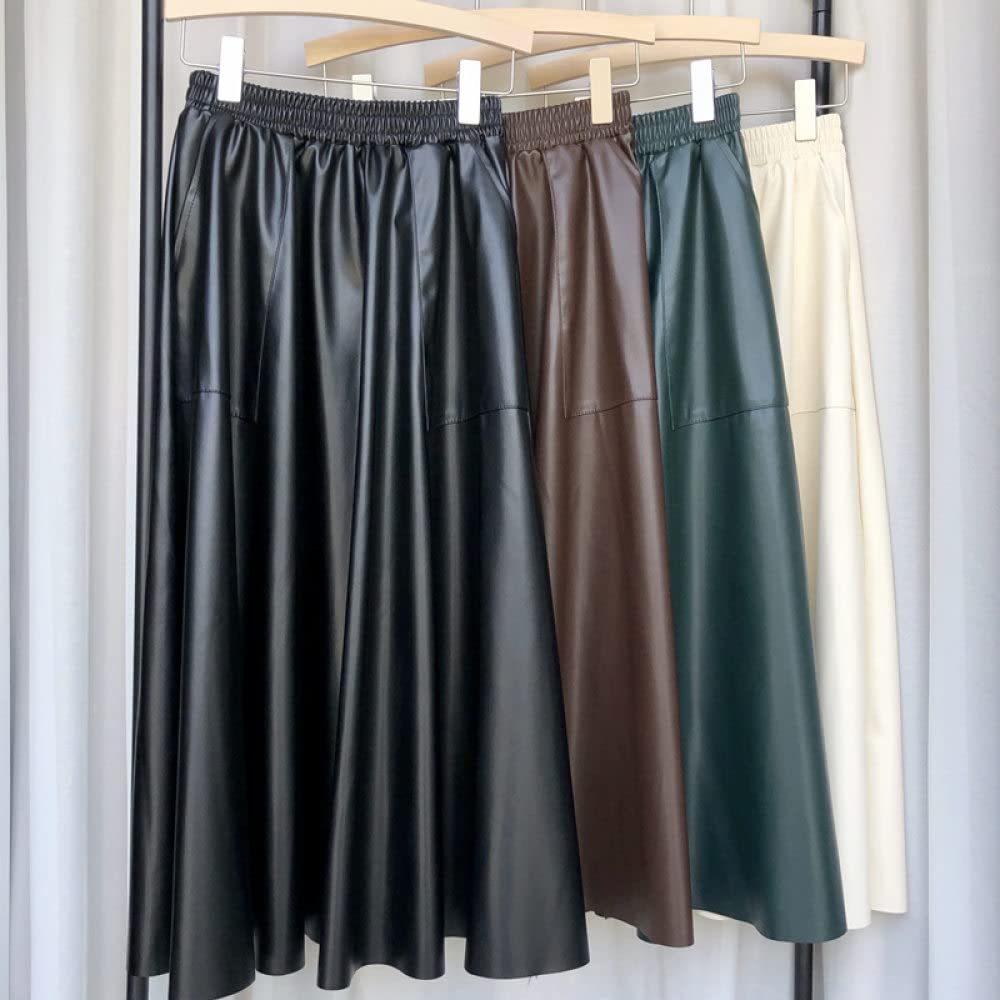 OZEO Röcke,Damenrock Aus Pu-Leder, Schwarz, Elastisch, Hohe Taille, Midirock, Einfarbig, A-Linie, Swing, Gerüscht, Lässig, Lange Röcke Für Mädchen, Damen, Herbst, Winter,S