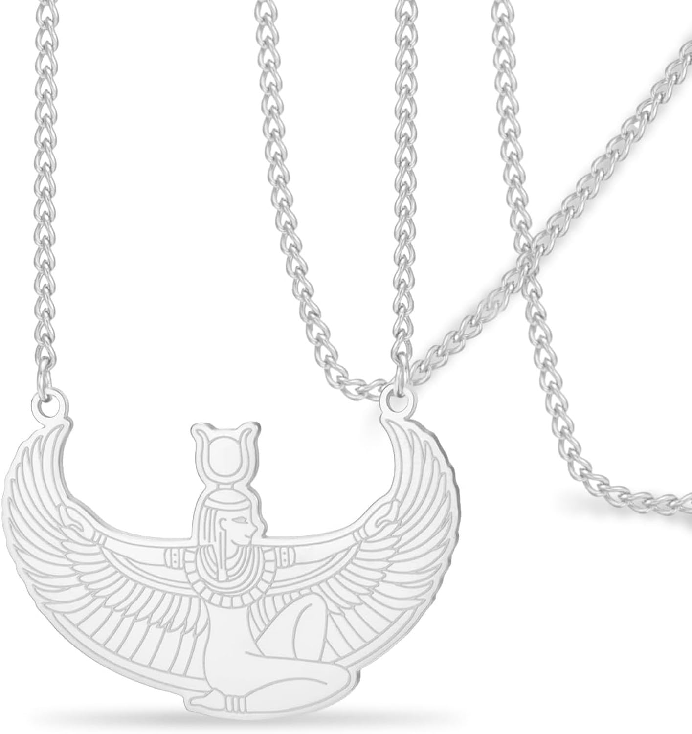 Faozhuo Egyptian Goddess Isis Necklace Winged Deity Pendant for Women Men Stainless Steel Ancient Egypt Greek Protection Amulet Mythology Jewelry, Silver