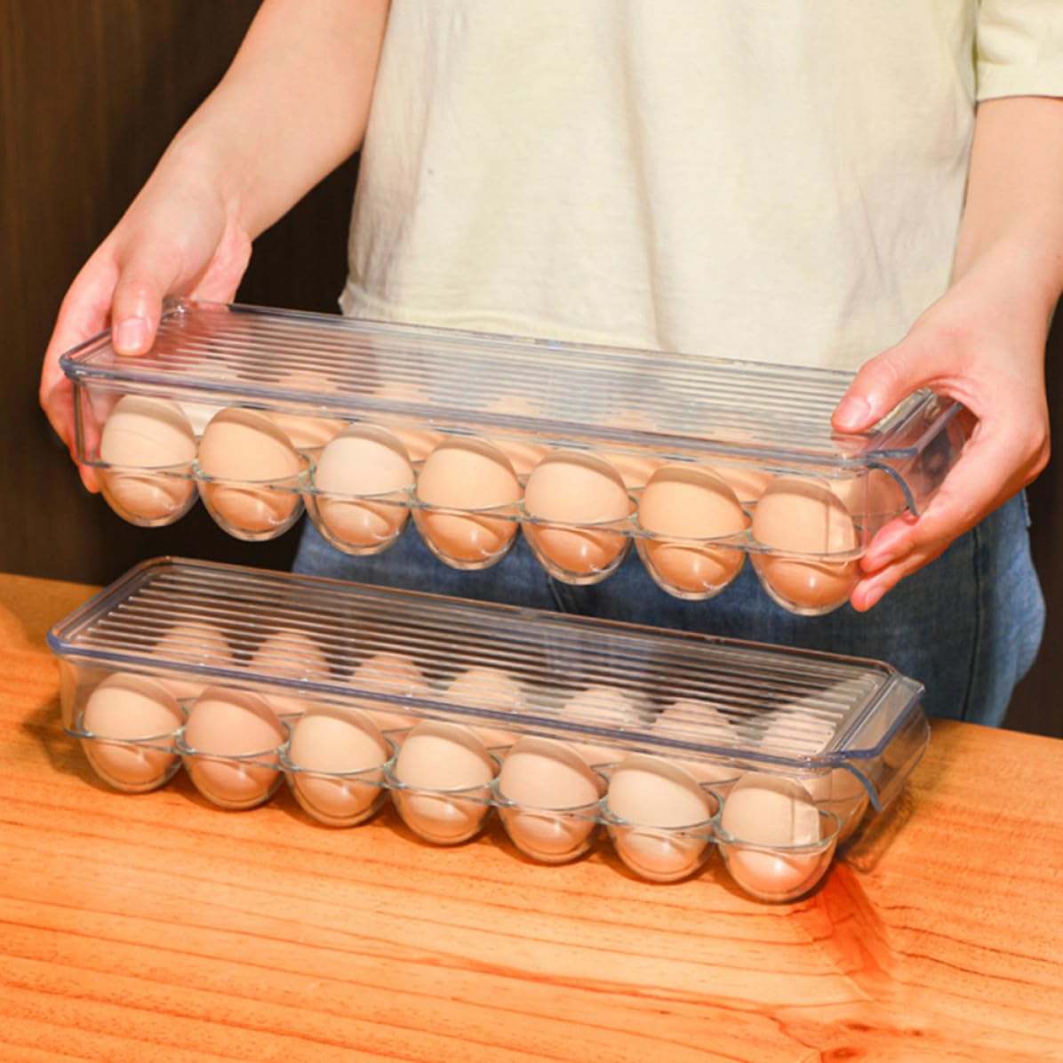 2 Piezas Bandeja Transparente Apilable para Huevos con 14 Compartimentos, Organizador de Huevos para Refrigerador, Material Pet Resistente para Cocina y Almacenamiento