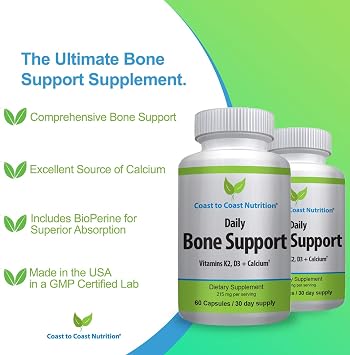 Daily Bone Support: Calcium Supplement with Vitamin D3, K2 - Supplement for Bones Ideal for Older Adults, Postmenopausal Women, Athletes - 60 Vegetarian Capsules