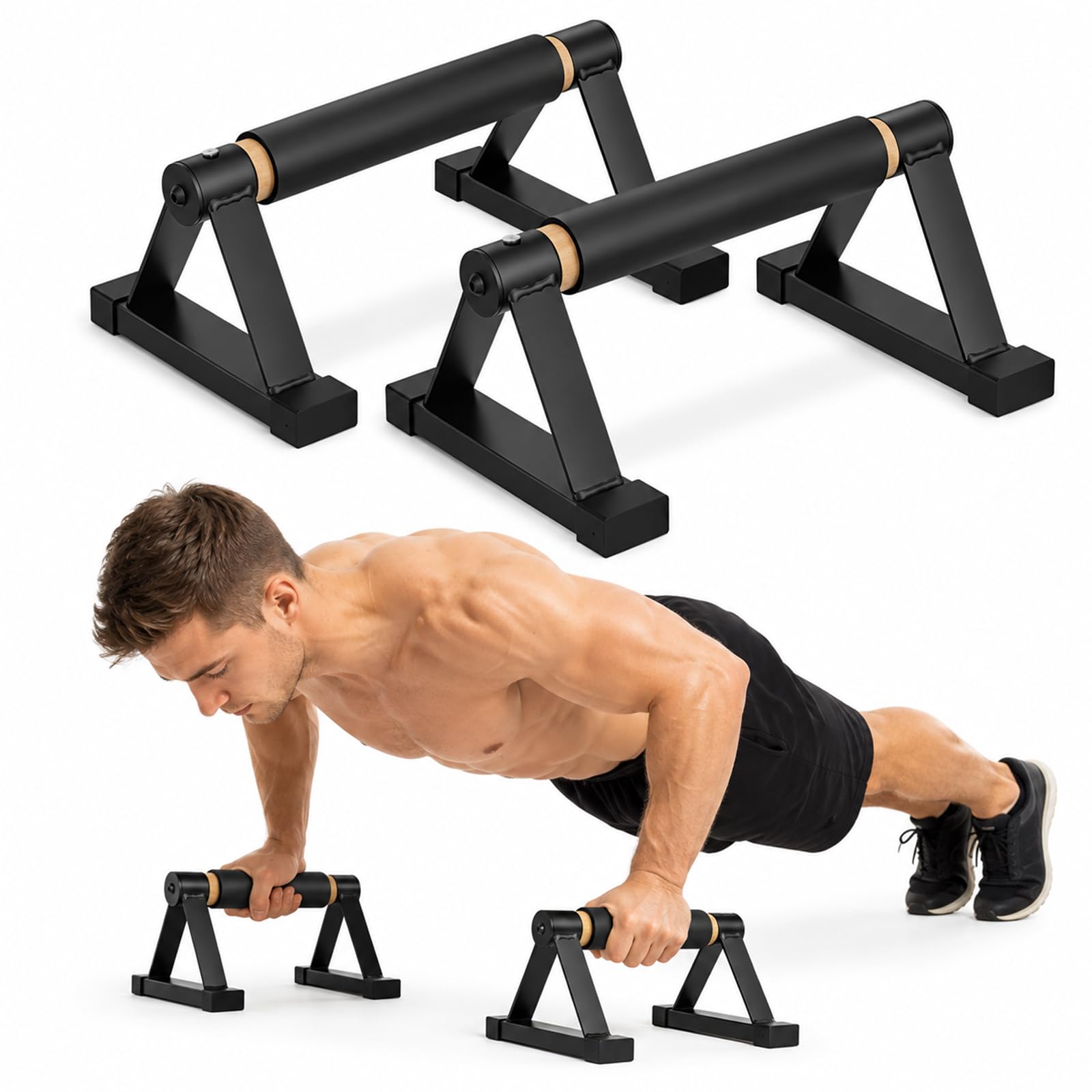 Set da 2 Parallettes Calisthenics in Legno, Maniglie Flessioni Antiscivolo