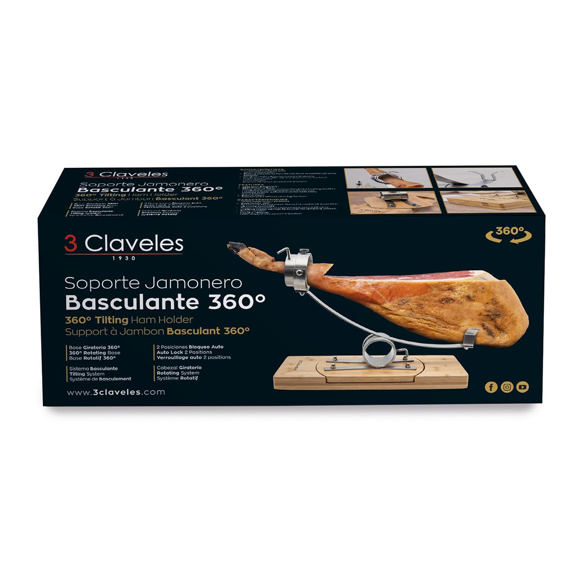 Schinkenhalter, um 360 Grad drehbar, mit 3 Nelken, drehbarer Sockel aus Holz und Metallbeschlägen