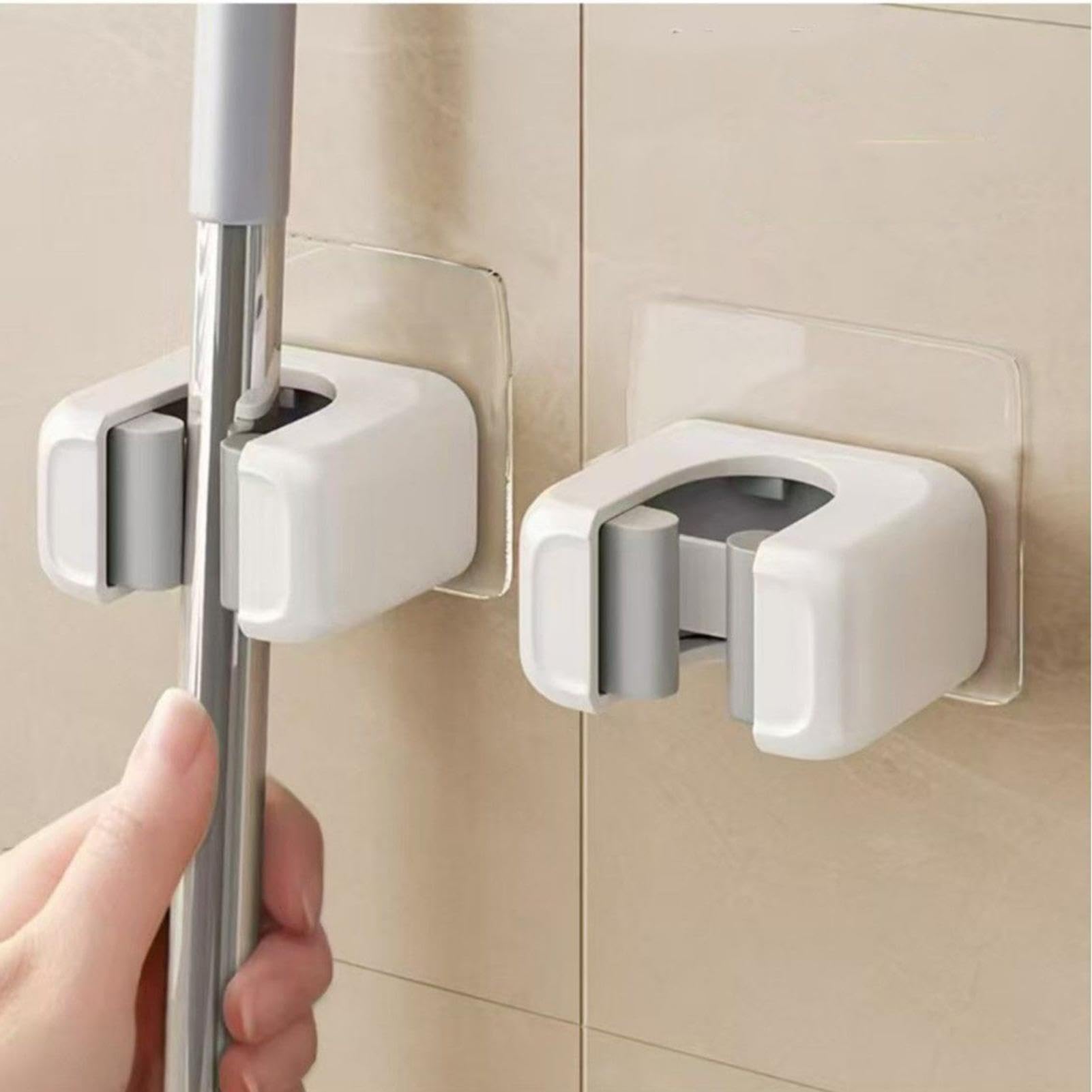 Soporte adhesivo para mopa - 2 piezas para ahorrar espacio, soporte de pared organizador para hogar, oficina, apartamento, RV, cocina, baño, garaje, laundry room, herramienta de almacenamiento