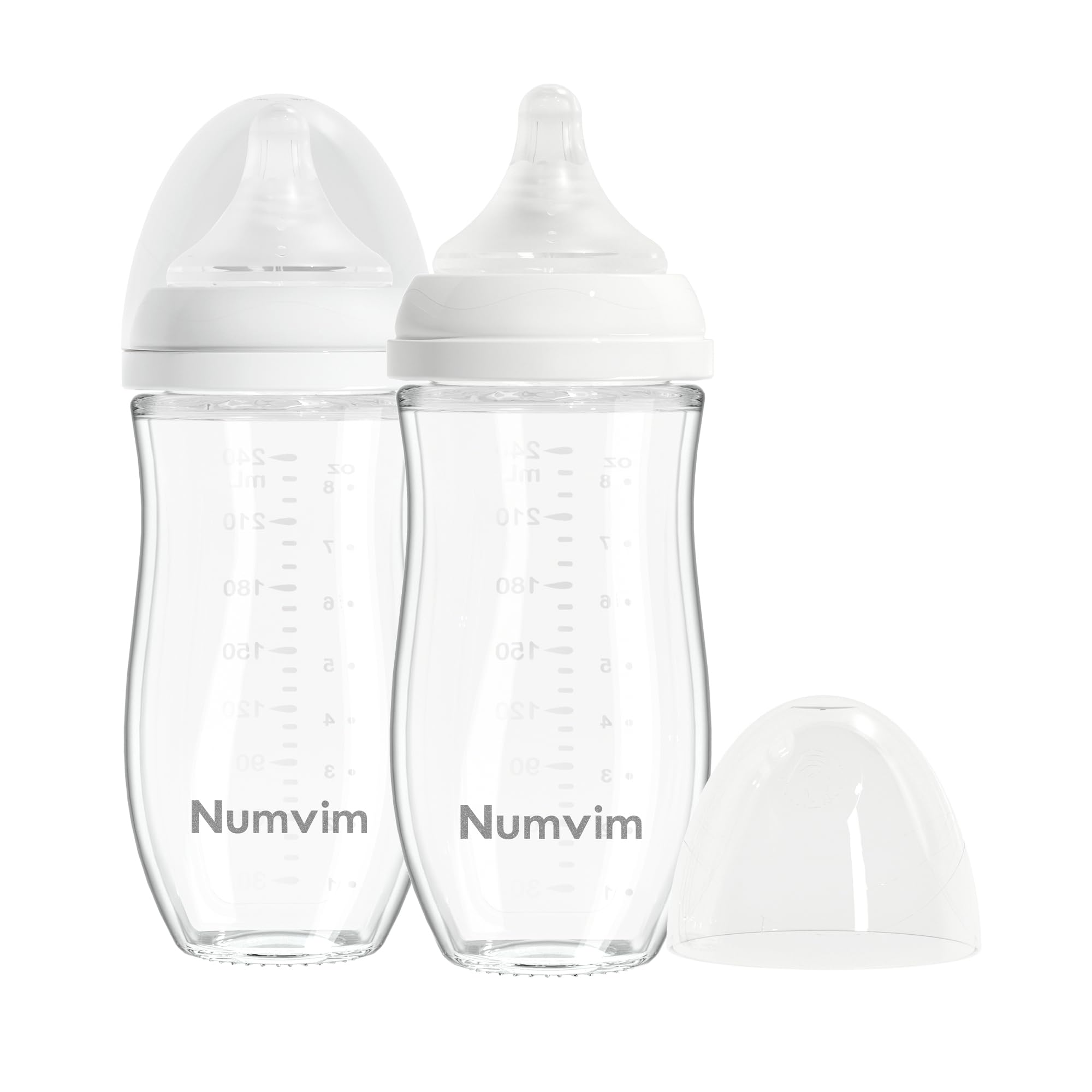 Numvim Glass Baby Bottle Gentle & Extra Slow Flow, Breastfeeding Bottle with Anti Colic Nipple for 3 Months Babies, Includes M Nipples, (8Oz, 2 Packs)