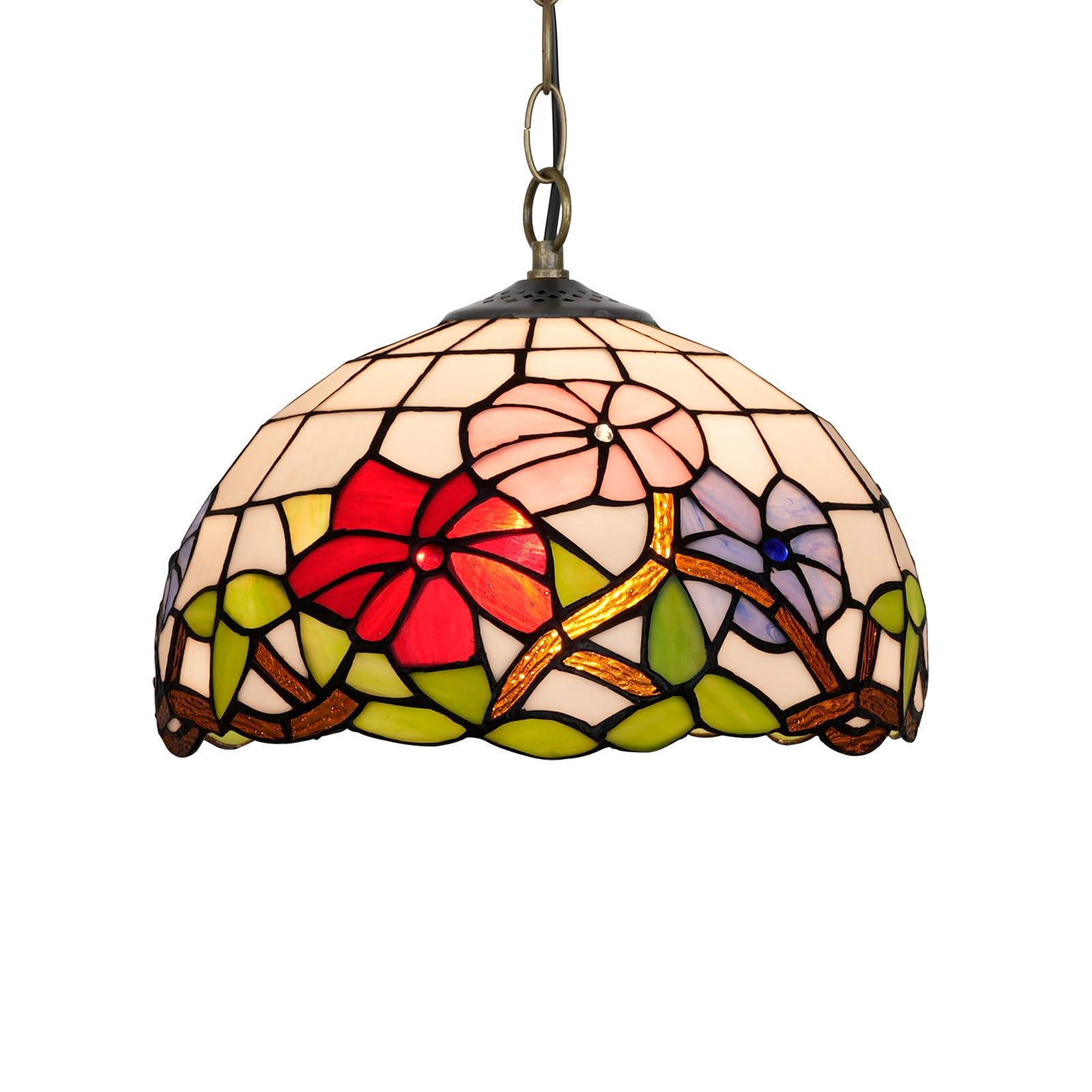 HJRegaFimu 12 Inches Lamp Stained Glass Ceiling Pendant Light Vintage Deco Tricolour Petunias Hanging Chandelier For Bedroom Kitchen Island Dining Living Room Corridor
