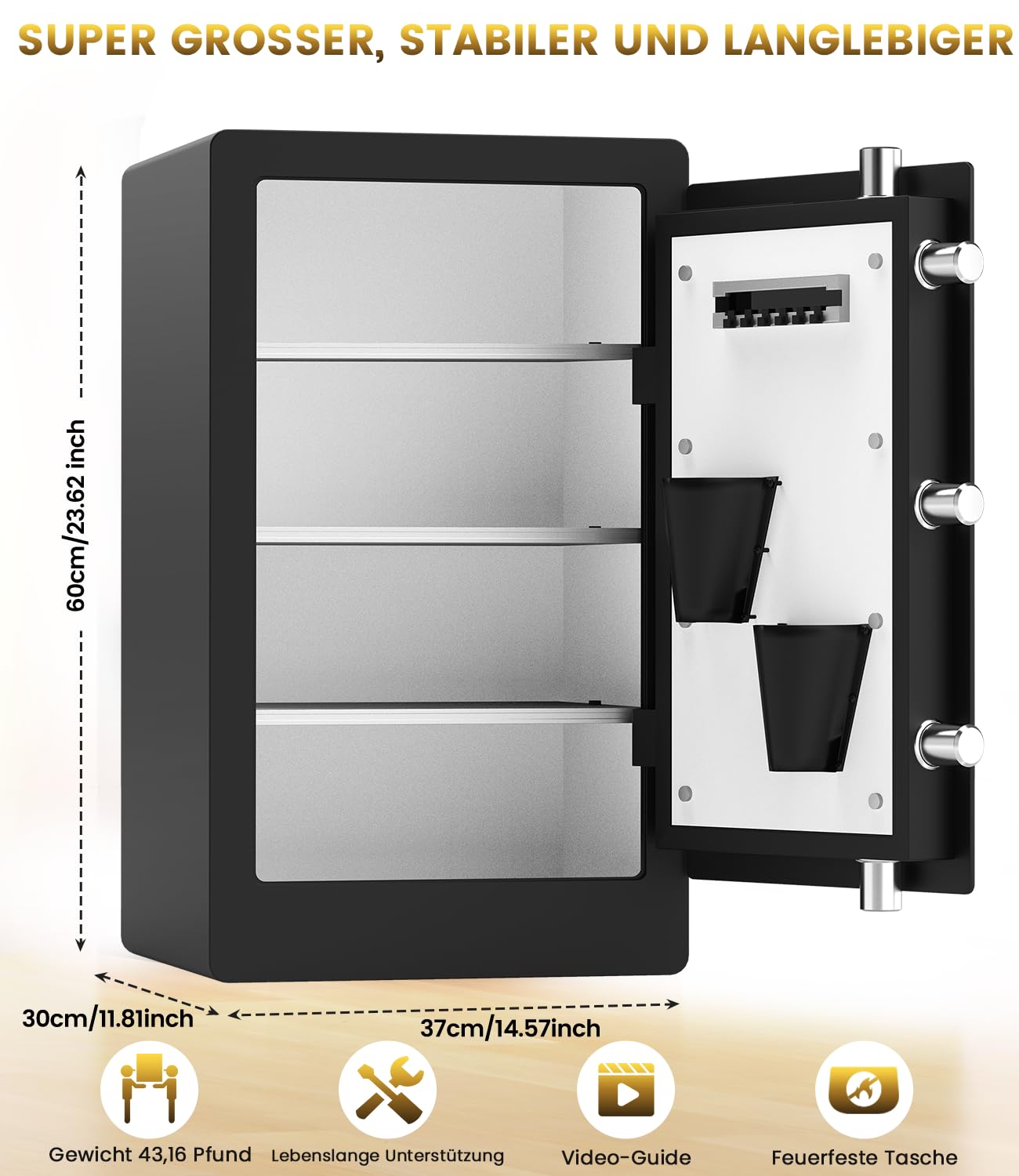 Caja fuerte grande de 75 l, biométrica para el hogar, caja fuerte digital, resistente al fuego, impermeable, antirrobo, para pasaporte, dinero, documentos, medicina