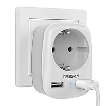 TESSAN Multipresa Salvaspazio Con 1 Spina Europea Tipo F e 2 porte USB, Caricabatterie USB per Casa e Ufficio, Presa Multipla per Caricare Computer Portatile, Telefono, Grigio