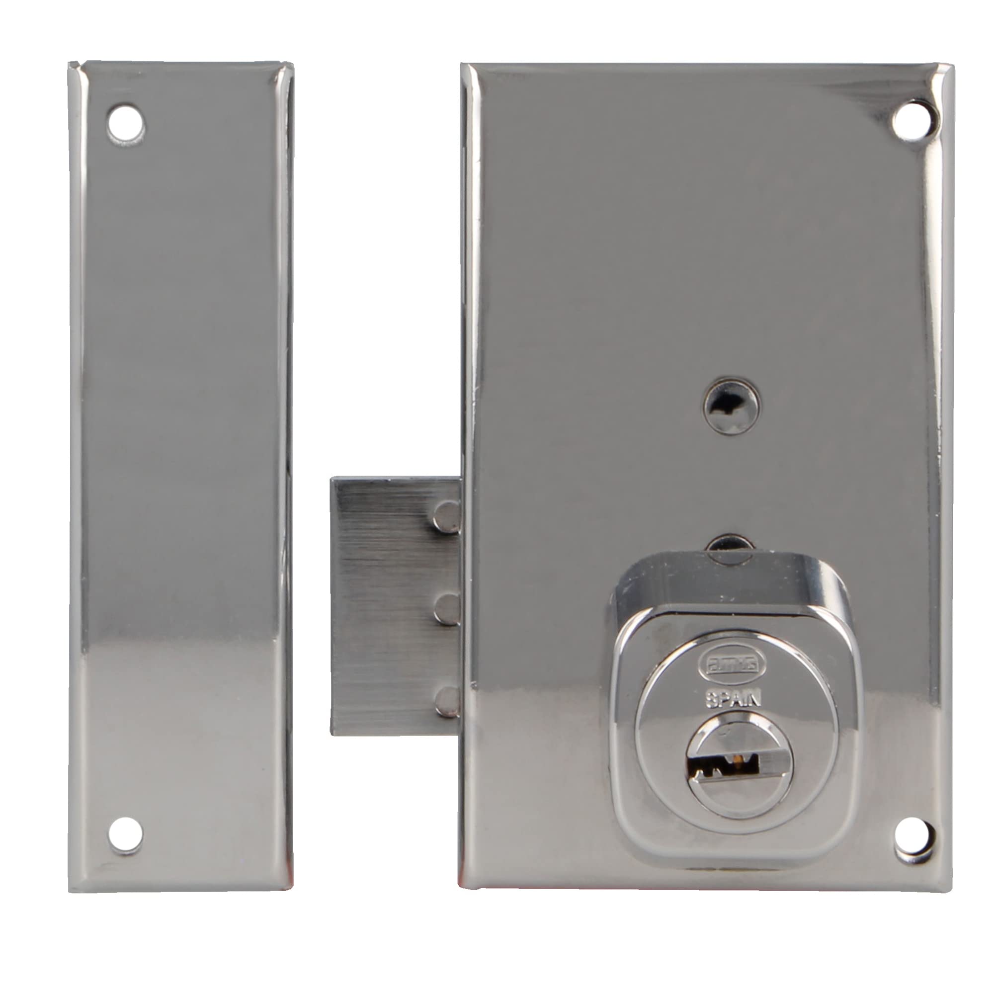 Amig Metallic Silver - Left Overlap Lock With Lock Lever And Tab For Wooden Doors Mod. 75P | 67 X 112 Mm | Round Security Cylinder | Silver Steel