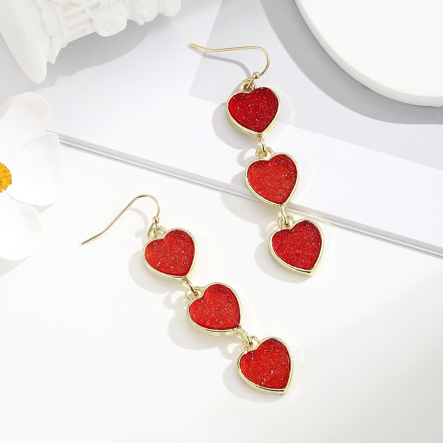 Red Heart Dangle Hook Earrings for Women, Hypoallergenic Lightweight Statement Triple Heart Drop Earrings, Sweetheart Minimalist Everyday Jewelry, Gift for Valentines Day Christmas Mothers Day - Image 5