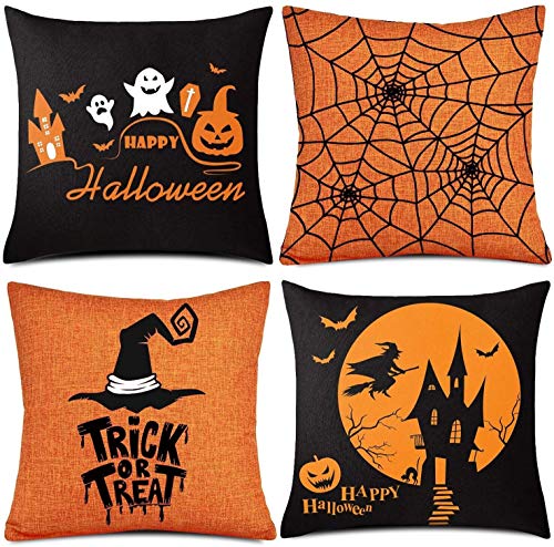 AmyTech Lot de 4 taies d'oreiller Halloween en lin pour Halloween 45,7 x 45,7 cm