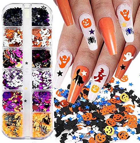 Halloween Nail Art Glitter, 12 Grids 3D Holographic Halloween Confetti Bat Skull Spider Pumpkin Ghost Witch Halloween Glitter Sequins Manicure DIY Nail Decoration for Halloween Party Supplies