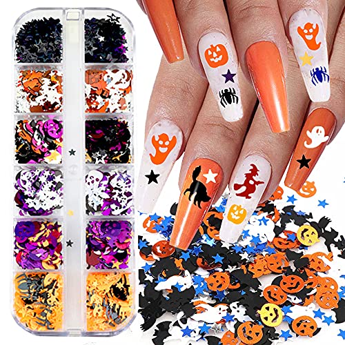 Halloween Nail Art Glitter, 12 Grids 3D Holographic Halloween Confetti Bat Skull Spider Pumpkin Ghost Witch Halloween Glitter Sequins Manicure Diy Nail Decoration For Halloween Party Supplies #TOP3