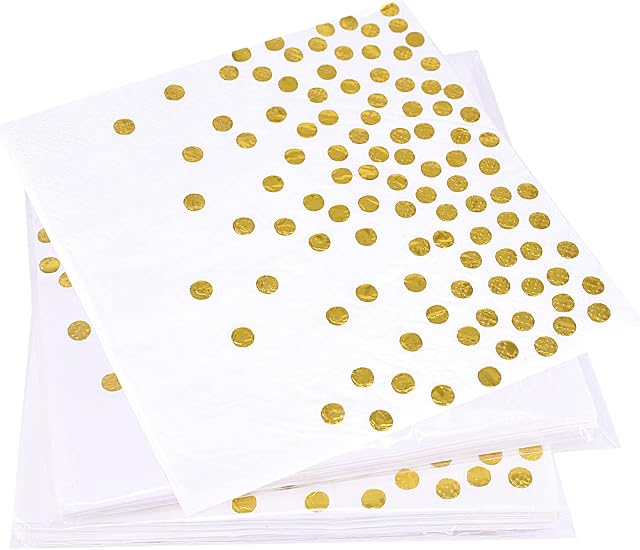 40PCS Gold Napkins Disposable 6.4X6.4 Inch White and Gold Party Napkins Cocktail Serviettes Napkins Birthday Golden Wedding Anniversary Napkins Baby Shower Paper Napkins Gold Dots Bridal Shower Napkin