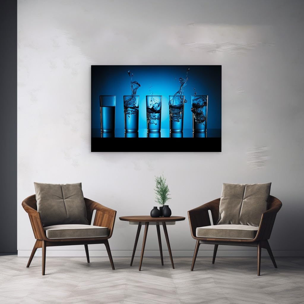 Canvas for Living room. Harmony in Motion: The Fluid Dance of Water Across a Quintet of Glasses, 27 x 18 inch Canvas Wall Art - Contemporary Masterpieces - Modern Home Decor
