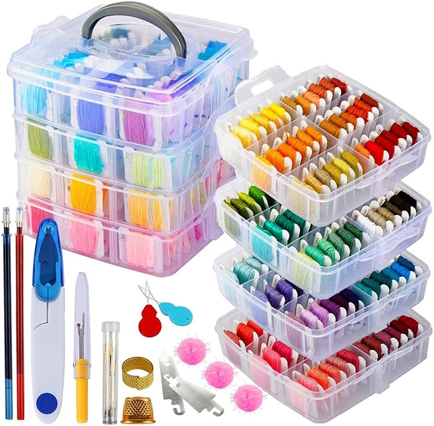 JSEIAJB 262 Pieces 4-Tier Box Embroidery Thread Floss Kit Cross Stitch Floss Threads Scissors Needles Sewing Accessories Kit