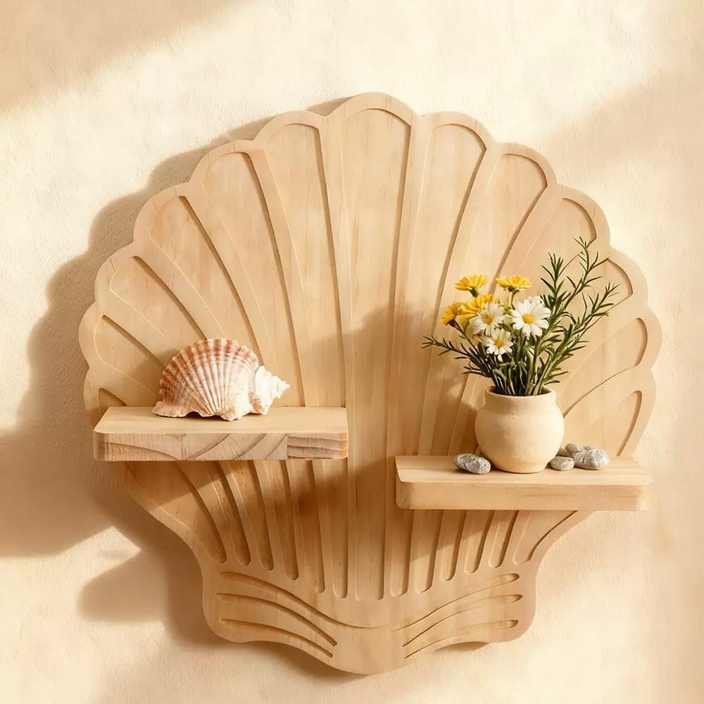 Shell Shaped Wooden Wall Shelf, Natural Pine Floating Shelf, Boho Decor