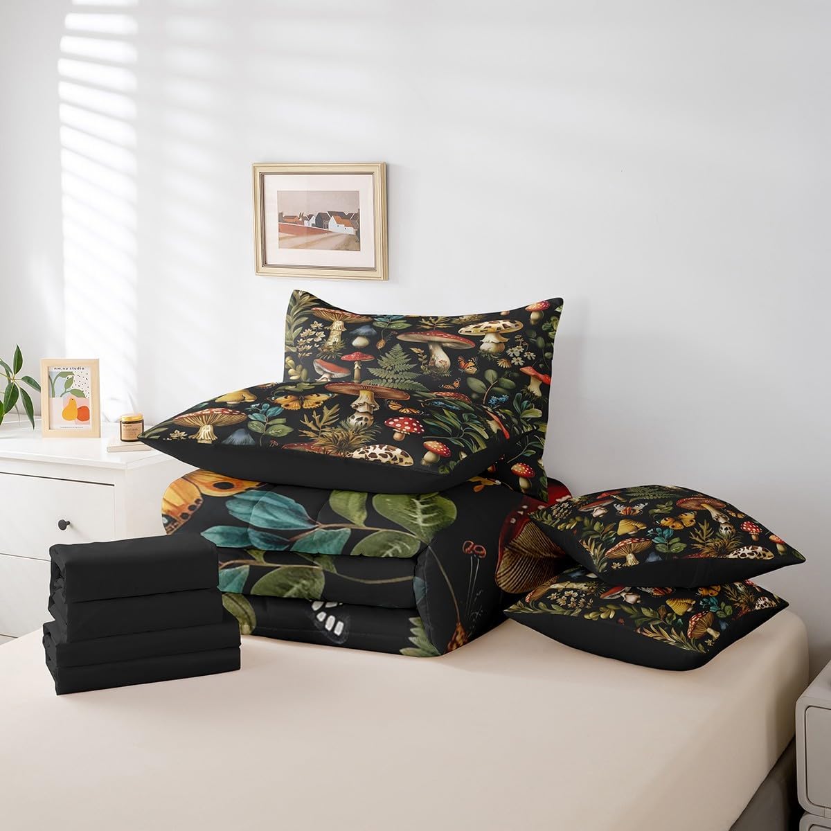 Erosebridal Mushroom 7 Piece Comforter Set Full Size,Natural Botonical Wild Plants Bed in a Bag with Flat Sheet and Fitted Sheet,Retro Jungle Butterfly Wildlife Bedding Set with Pillowcase & Sham
