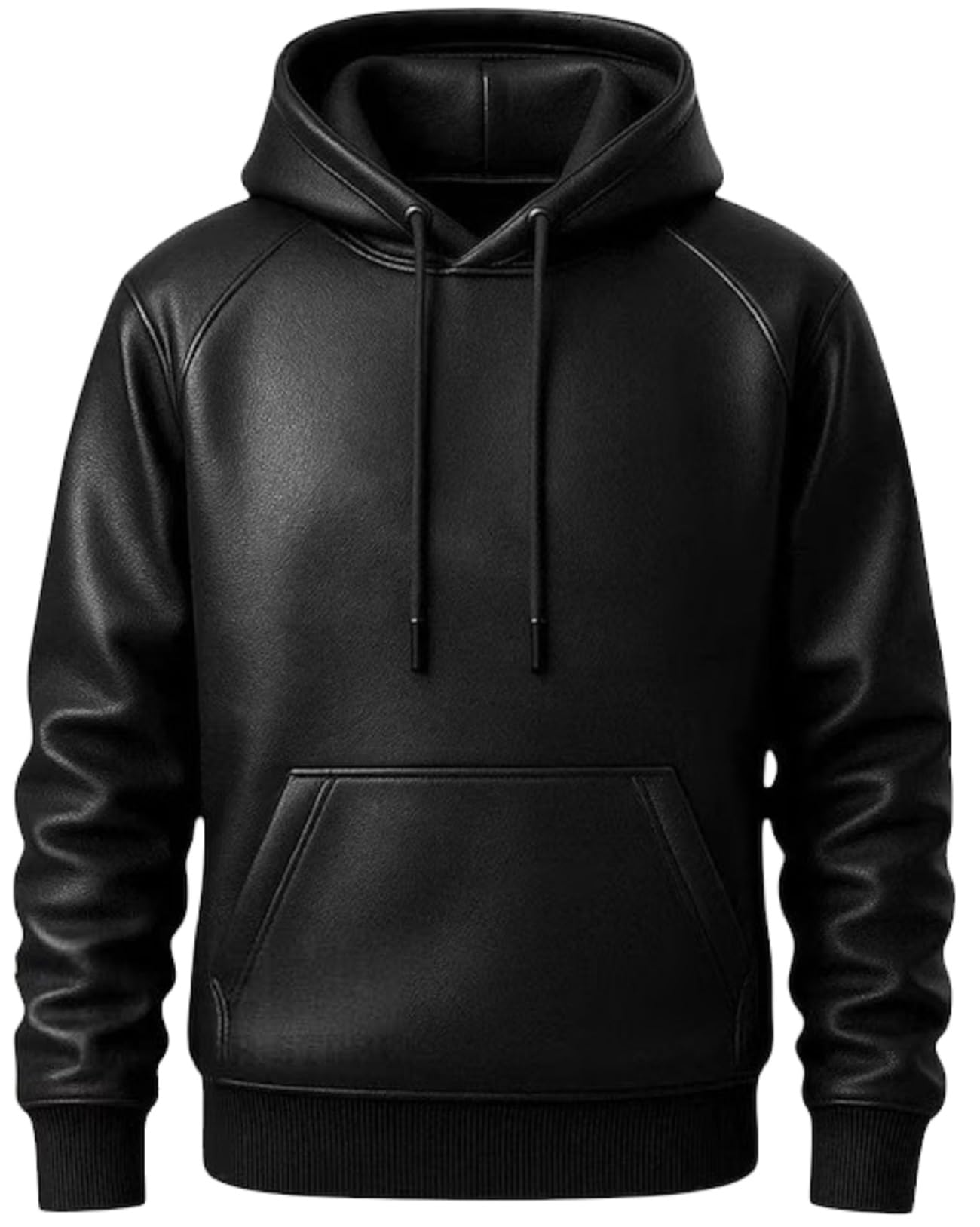 Sudadera con capucha de cuero negro de primera calidad para hombre, estilo de bolsillo canguro, ropa de calle casual