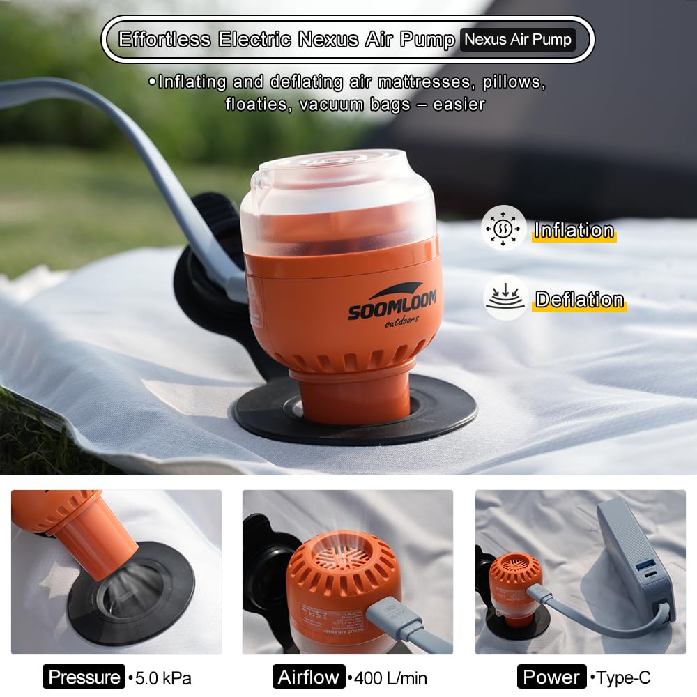 Soomloom Nexus Pompe à air micro électrique Gonfleur/dégonfleur ultra-compacte de type C pour matelas de camping et équipement d'extérieur