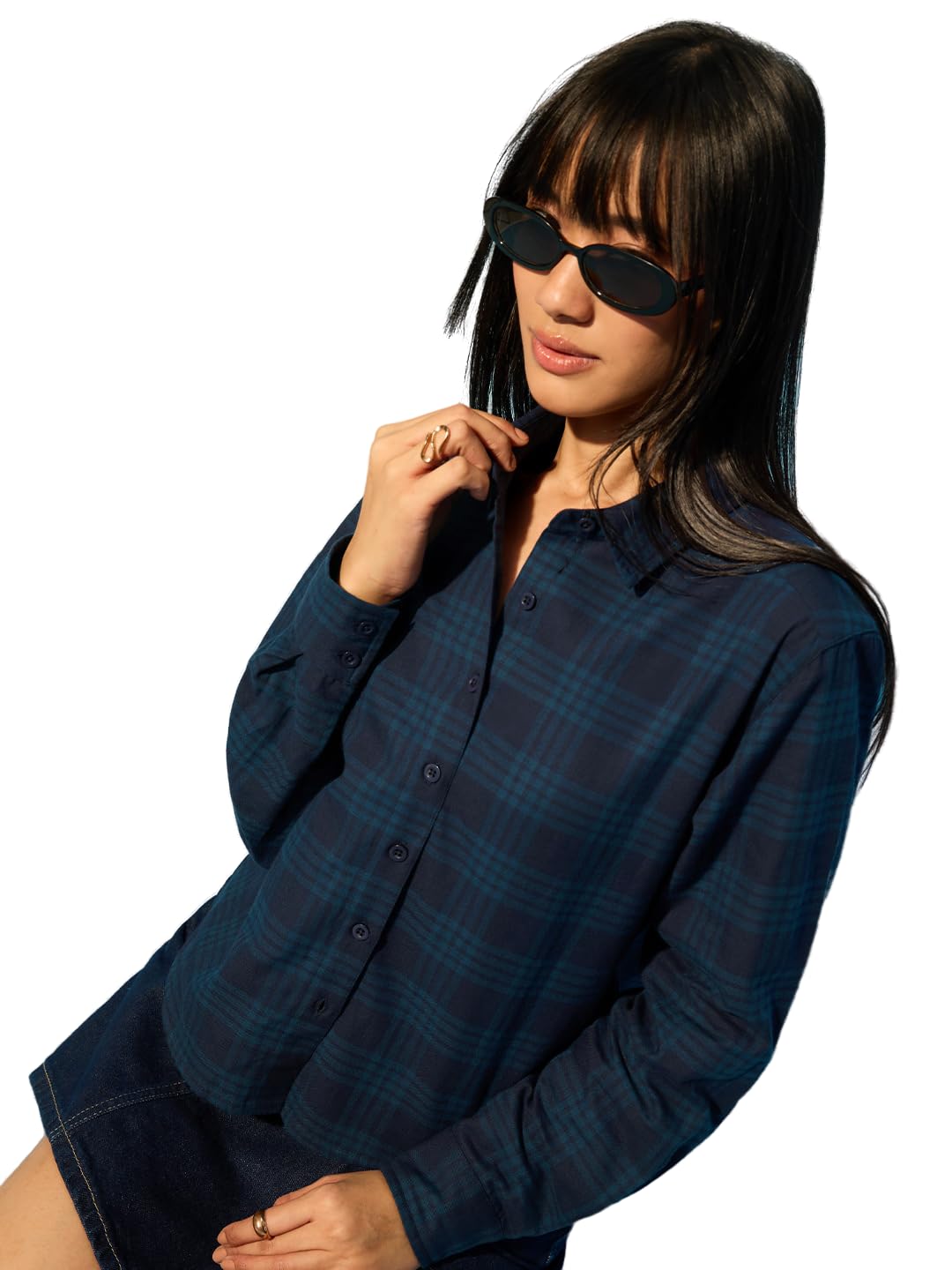 the souled store Plaid Shirt: Blue Diamond Women and Girls Full-Length Sleeves Collared Navy Blue Geometric Print Cotton Regular Fit Breathable Lightweight Everyday All-Season Shirt-picture-41