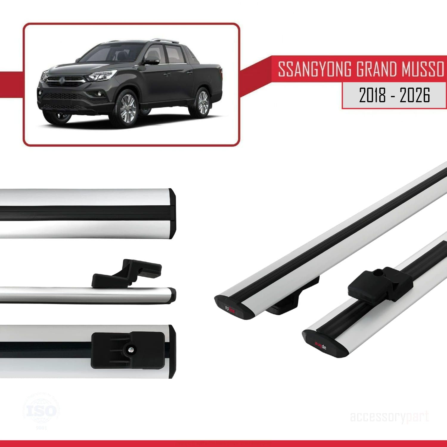 Kompatybilny z Compatible with Ssangyong Grand Musso 2018-2026 BASIC Model Aluminiowy bagażnik dachowy 2 poprzeczki, szary