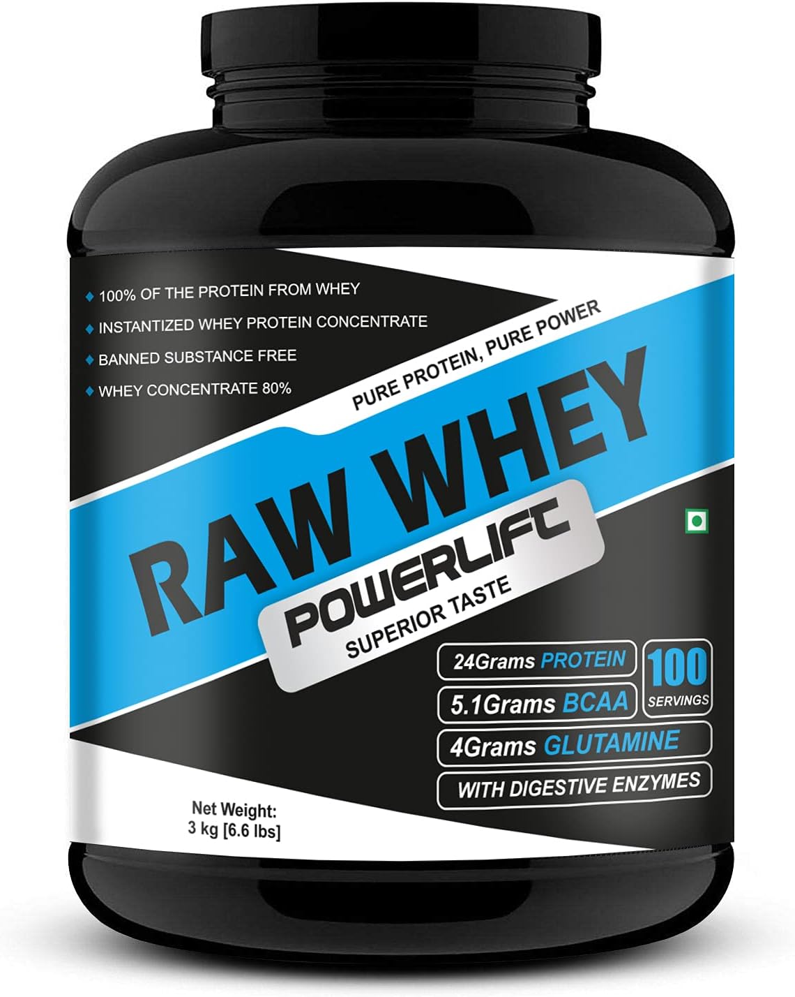 PowerLift Raw Whey [3Kg/6.6Lbs] 24G Protein, 5.1G BCAA | Raw Whey From USA | With Digestive enzymes| High in Protein & BCAA(100 servings)