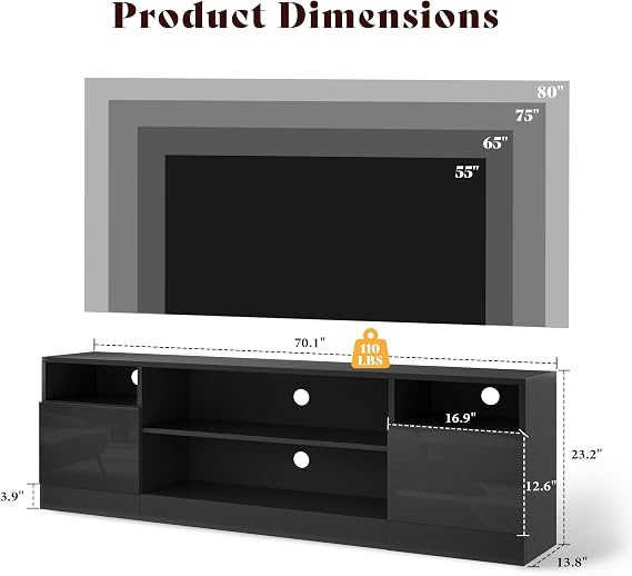 AMERLIFE 70 High-Gloss TV Stand for TVs up to 80 with LED Lights