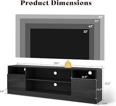 AMERLIFE 70 High-Gloss TV Stand for TVs up to 80 with LED Lights