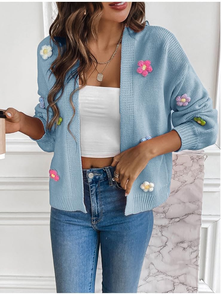 utcoco Women's Cropped Cardigan Sweaters Boho Crochet Floral Embroidery Oversized Open Front Knit Sweater Outwear - Image 2