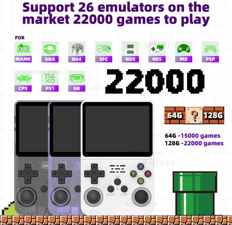 Graphic showing various emulator logos supported by the R36S console, including MAME, GBA, N64, SFC, NDS, NES, MD, PSP, CPS, PS1, GB, and indicating 22000 games.