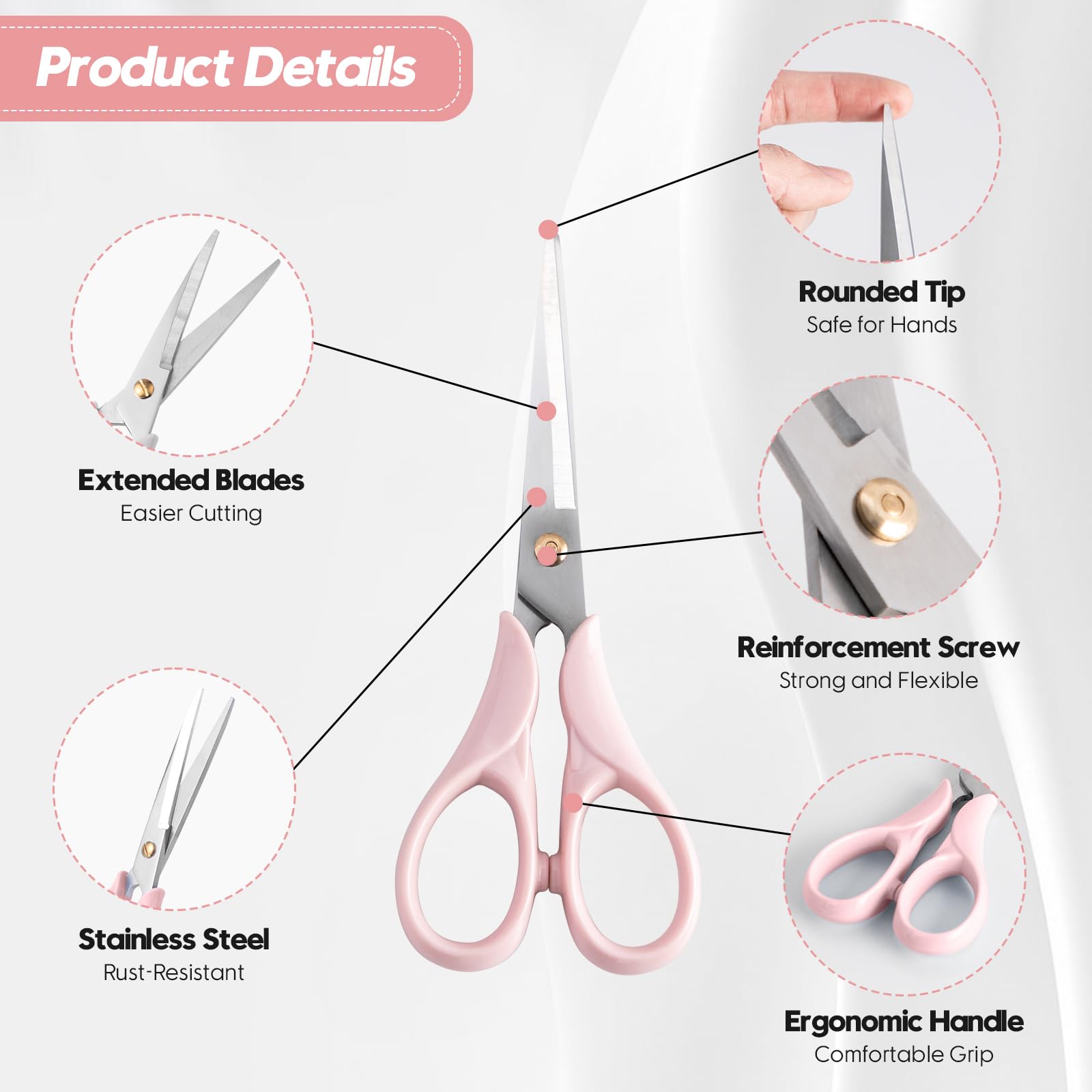 Honagu Professional Scissors - Stainless Steel Precision Blades, Non-Slip Ergonomic Handles for Crafting, Office, Fabric & DIY Projects (Pink)