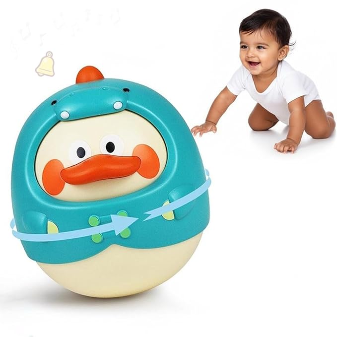 Kidology Tummy Time Roly Poly Baby Toy with Teether | Musical Duck Wobbler Toy with Soothing Bell Sound | Self-Righting Tumbler for Newborns 3–12 Months | Early Learning Crawling Toy (Green)