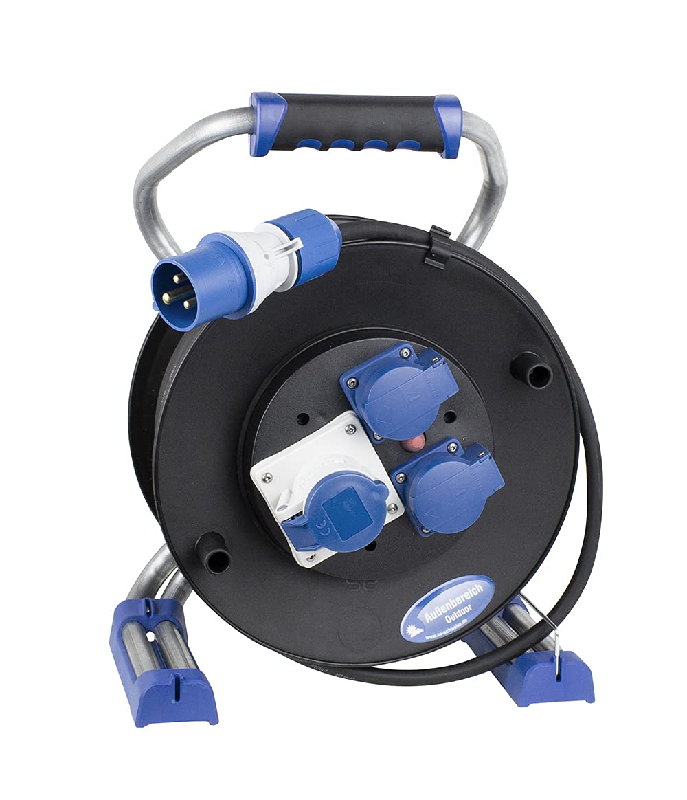 As - Schwabe Xperts - Avvolgicavo da campeggio, 25 m, per esterni, con spina CEE 230 V/16 A/3 poli, 2 prese Schuko e 1 presa CEE - IP44 - Made in Germany I 22176
