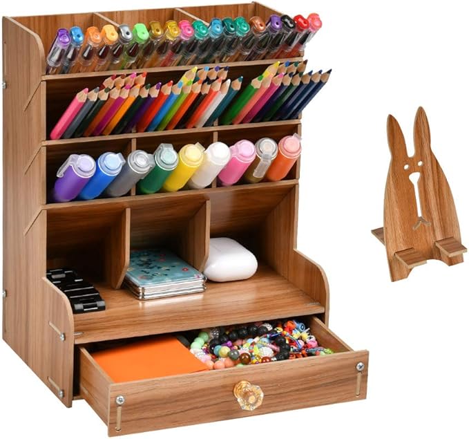 FOCCTS Wooden Pencil Holder MultiFunctional Wooden Desk Organizer