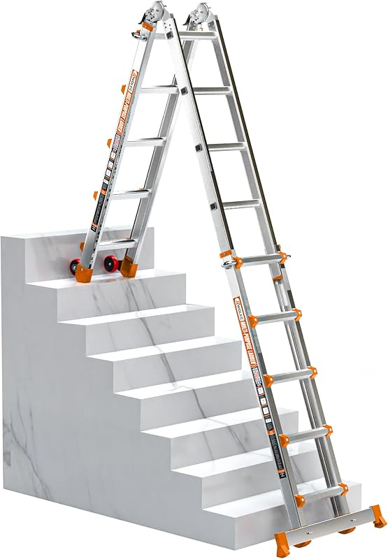 Ladder, Multi-Position Telescoping Ladder with Wheels, 17 FT, Orange | 5-in-1 modes, aluminum alloy frame, locking hinges, stabilizer bar, anti-slip feet for gutters, walls and outdoor DIY