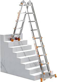 Ladder, Multi-Position Telescoping Ladder with Wheels, 17 FT, Orange | 5-in-1 modes, aluminum alloy frame, locking hinges, stabilizer bar, anti-slip feet for gutters, walls and outdoor DIY