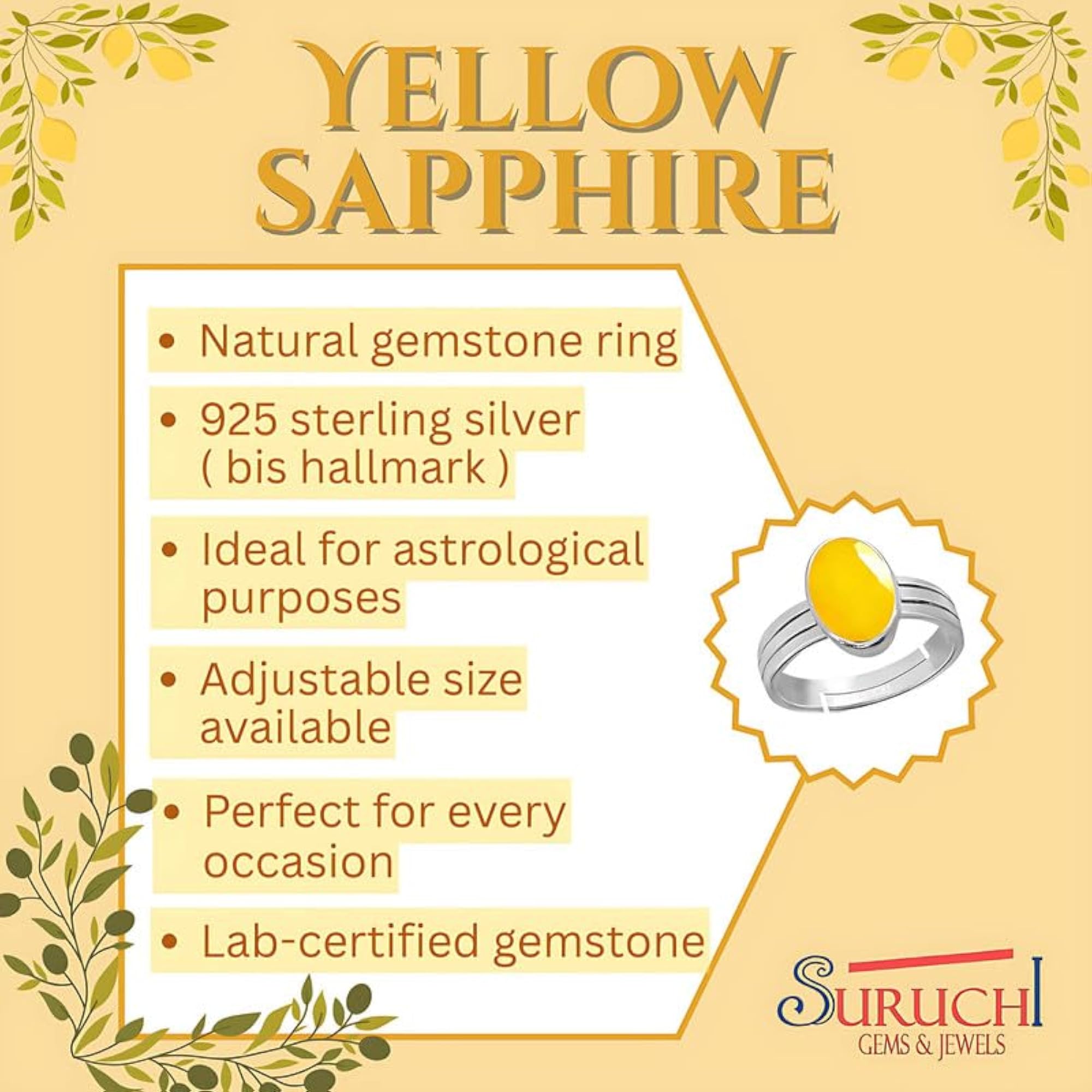 Women's 925 Sterling Silver Adjustable Yellow Sapphire Ring, Astrological Gemstone