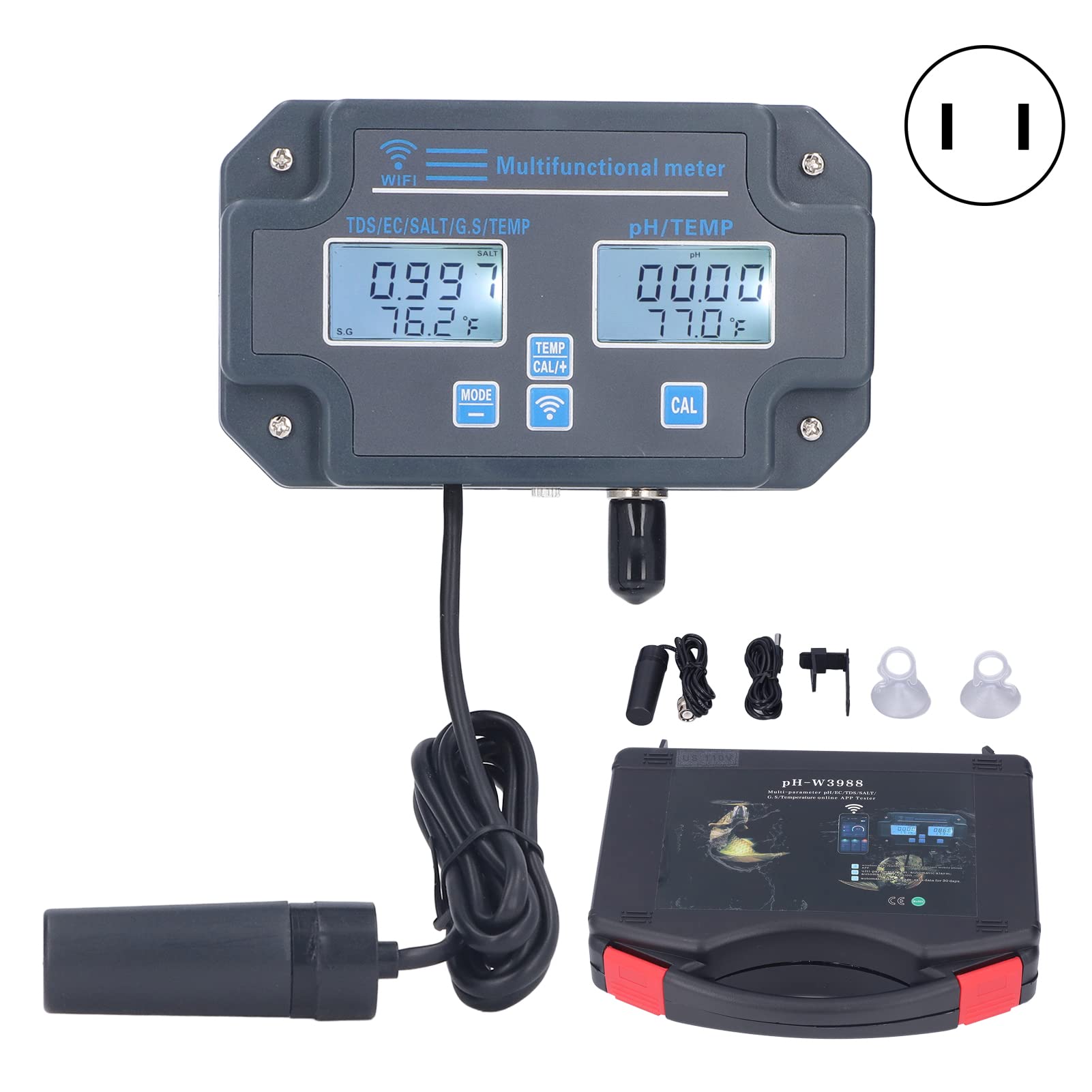 Haofy PH‑W3988 Probador de Calidad del Agua Multiparamétrico App Control Remoto PH EC TDS Salt S.G Medidor de Temperatura Monitor en Línea Control Remoto Probador de PH(EU)