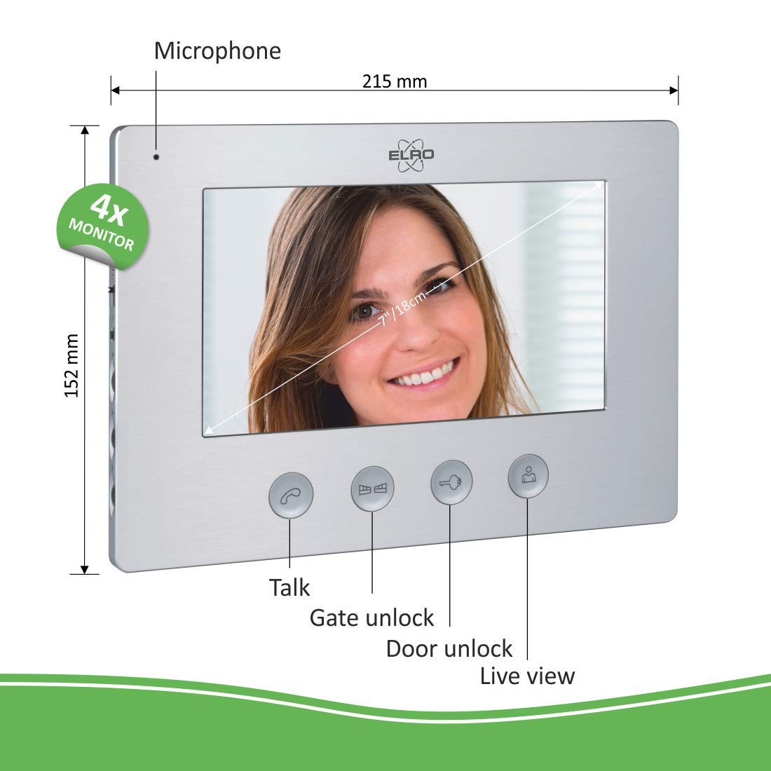 ELRO Interphone vidéo DV477W4 à 4 familles avec écran 4 couleurs, caméra avec vision nocturne, technologie 4 fils, 16 sonneries, gris, taille unique