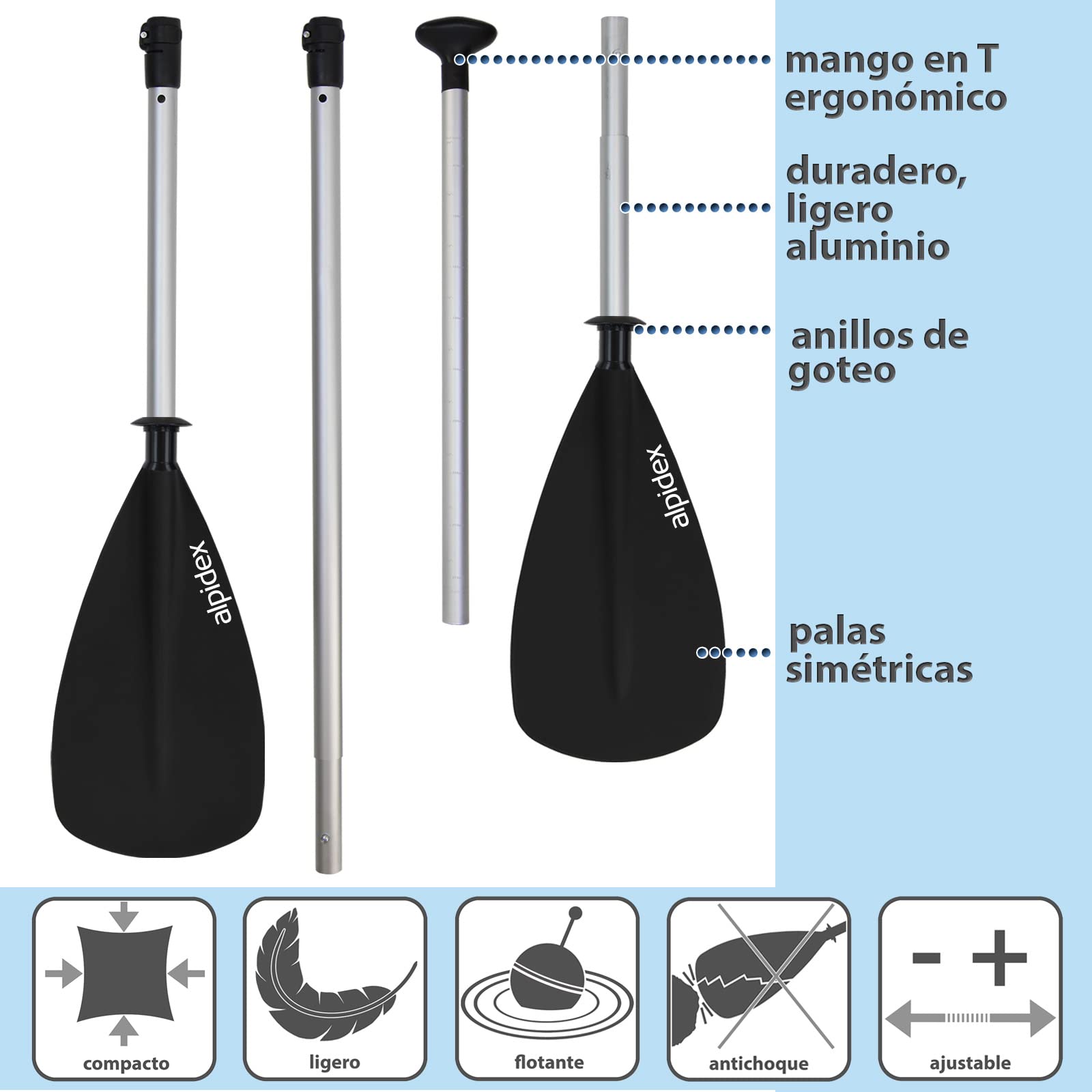 ALPIDEX 2 en 1 Pala Telescópica Aluminio Kayak Ajustable Ligero Doble Paddle Extensible 160-207cm Tabla Surf Sup Canoa Stand Up Paddle Board Kayak Remo