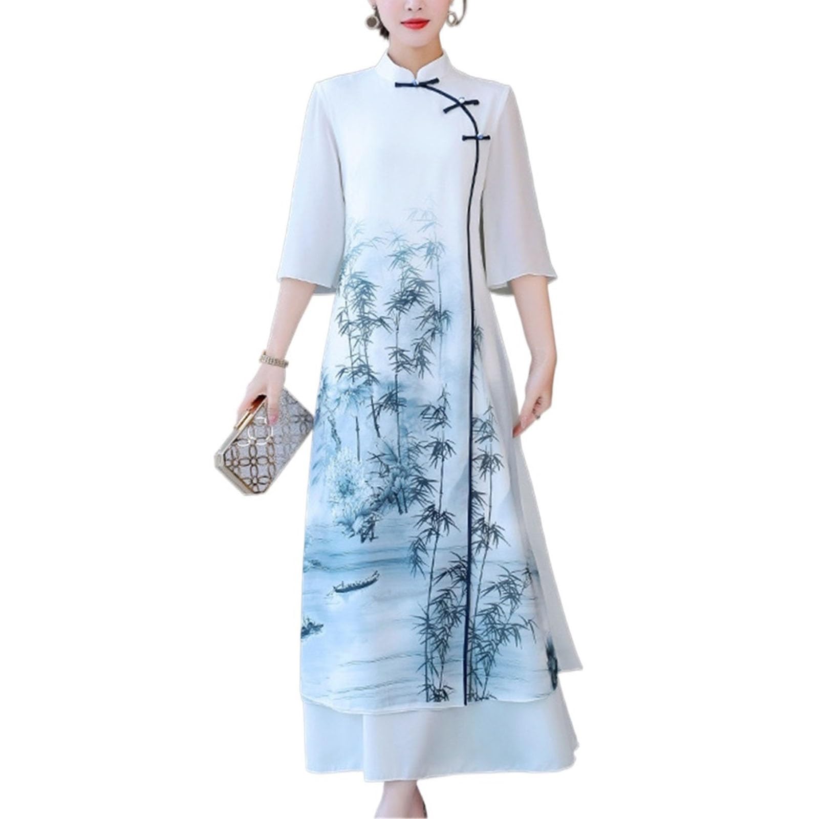 SXTYYH Chinese Traditional Dress Ao Dai Vietnamese Dress for Women Slim Long Cheongsam Hanfu Dress for Summer Qipao(4XL,White)