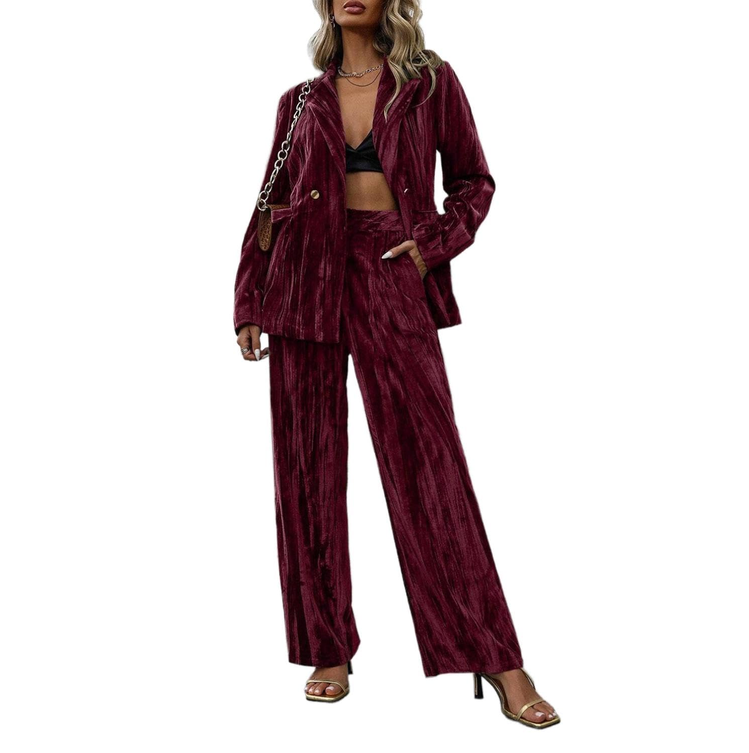 Womens 2 Piece Business Outfits Velvet Blazer Wide Leg Pants Suit Sets Wine Red