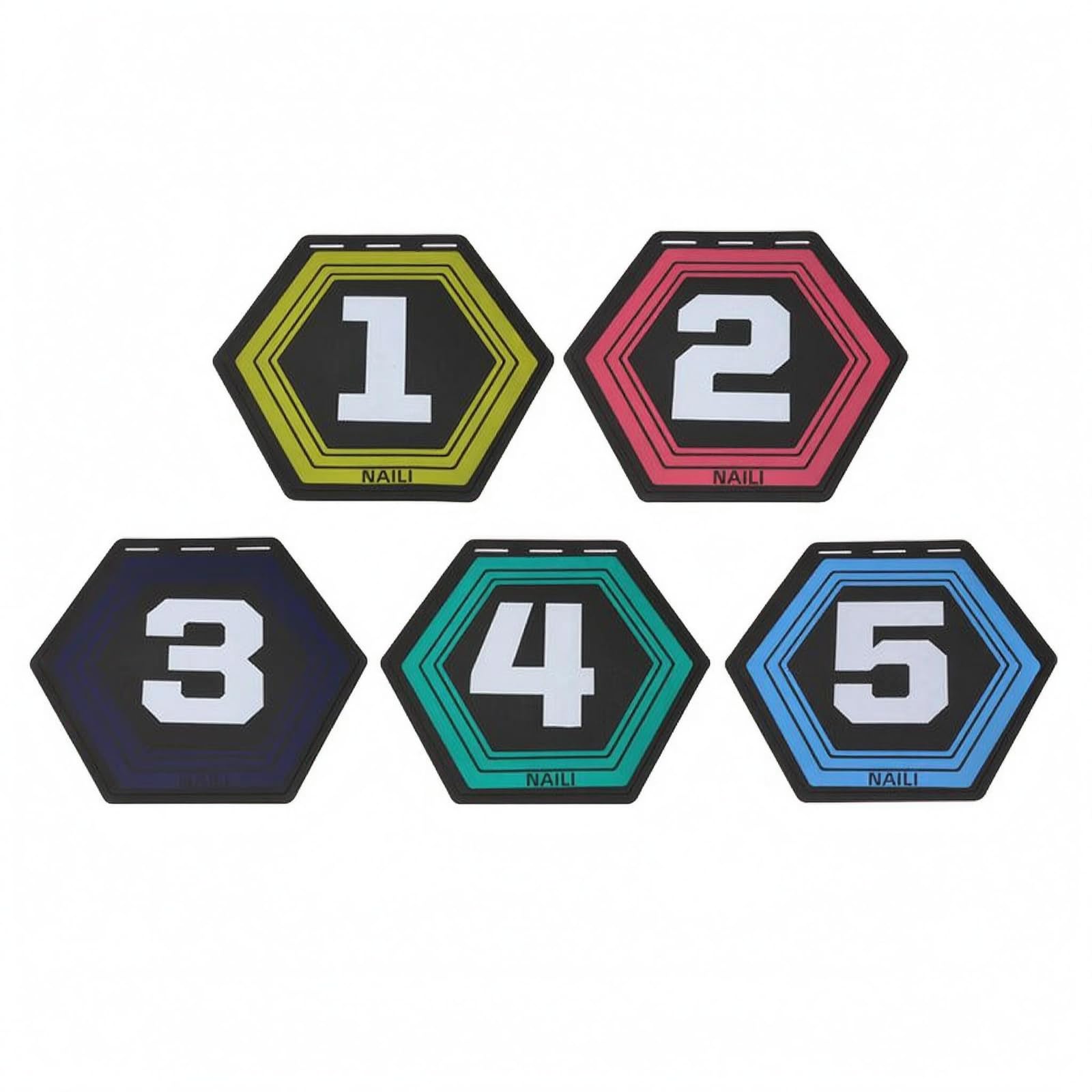 BNF®5 Pieces Printed Numbers Hexagonal Ground Markers – Black – Concentric Border & Slot Cutouts – Ideal for Agility Training, Field Positioning & Sports Drills (Numbers 1-5)-image-37