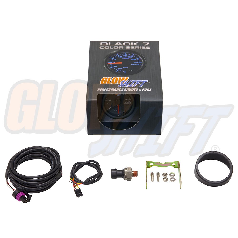 GlowShift Medidor de presión de combustible negro de 7 colores, 30 PSI. GlowShift