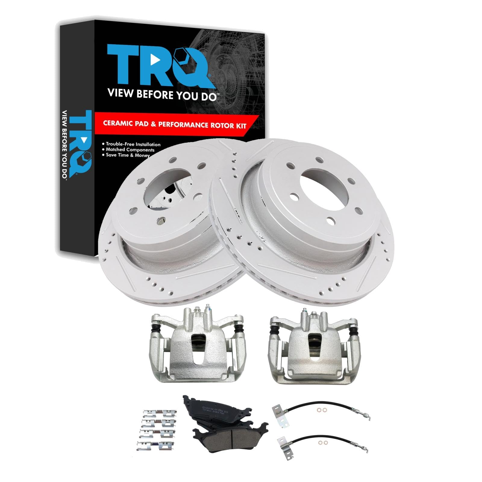 TRQ Brake Pad &amp; Rotor Kit Slotted X Drilled Performance Ceramic Compatible with 2015-2017 Ford F-150