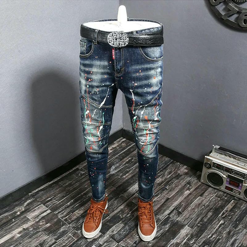 Street Men Jeans Retro Washed Blue Stretch Slim Fit Spliced Ripped Jeans Mens Painted Vintage Denim Pants3
