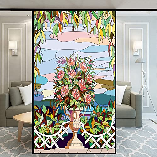 Window Film Privacy Non-Adhesive Frosted Static Cling Home Office Blossom Flower Decorative Stickers Glass Door Coverings 59x160cm(23