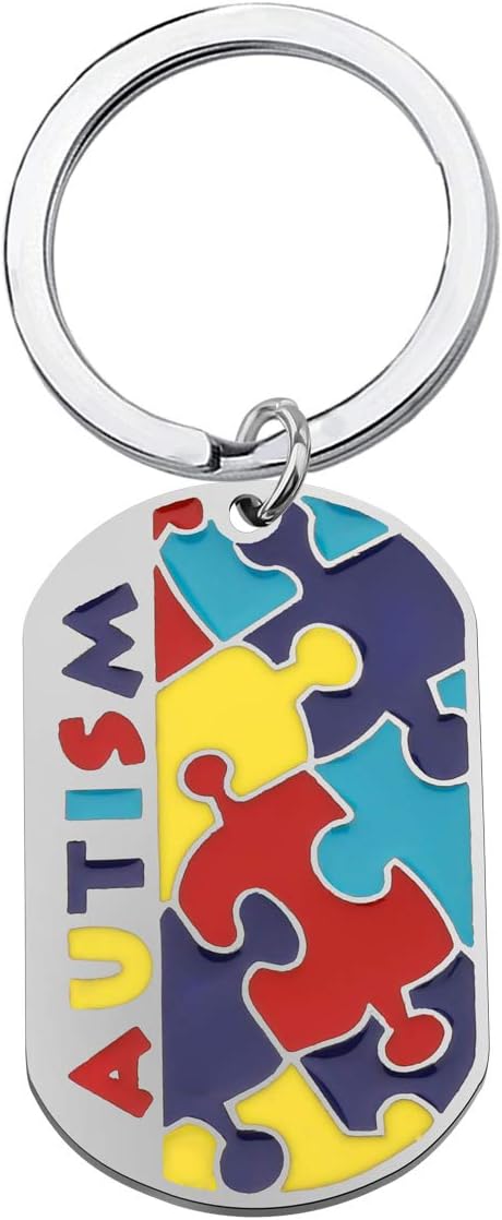 CHOORO Autism Puzzle Piece Dog Tag Necklace/Keychain Asperger Awareness Jewelry Gift for Autism Mom/Autism Teacher