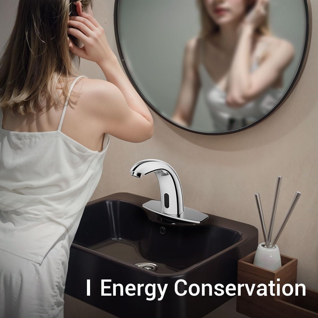 Touchless Bathroom Faucet - Automatic Bathroom Faucet with Hole Cover and Temperature Mixer, Hands-Free Basin Commercial Sensor Faucet (Chrome)