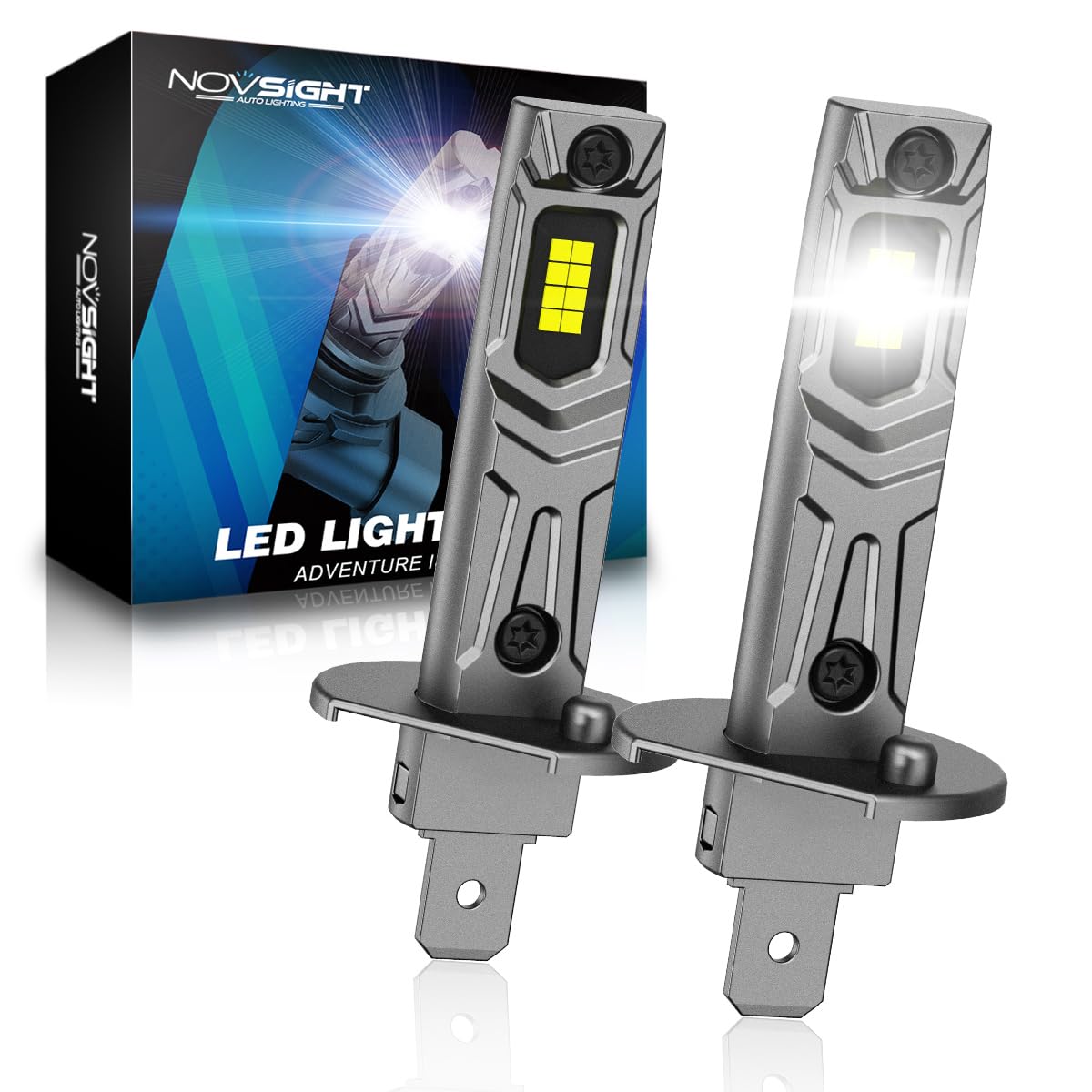 NOVSIGHT Ampoule H1 LED - 1:1 Taille Design 24000LM 6500K Blanc Puissant H1 LED 600% Luminosité Kit de Conversion Halogène Ampoule de Remplacement Phare H1 Automobile, 2 Pcs Set